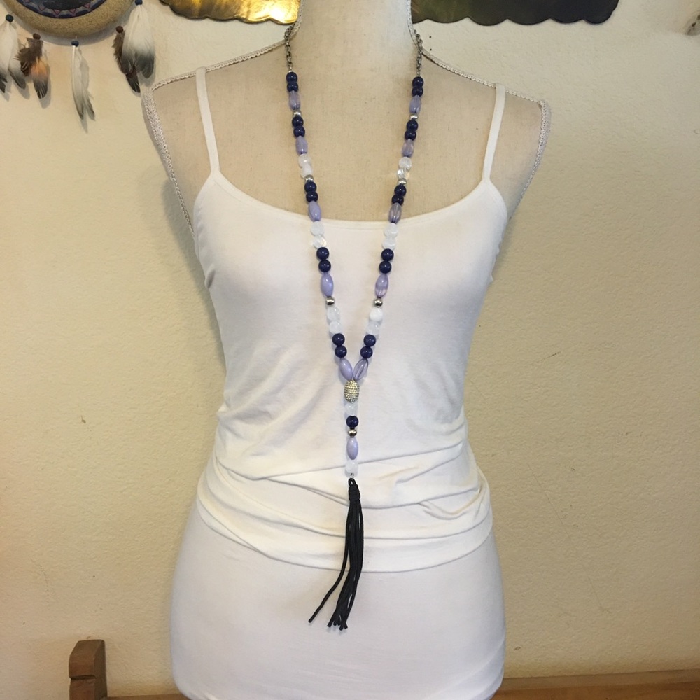 INC multi tone bead leather tassel long necklace